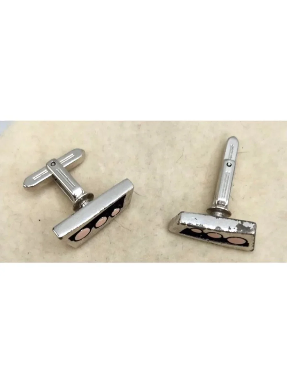 Vintage Retro Metal Cuff Links Black With Pink Polka Dots - Silver Tone